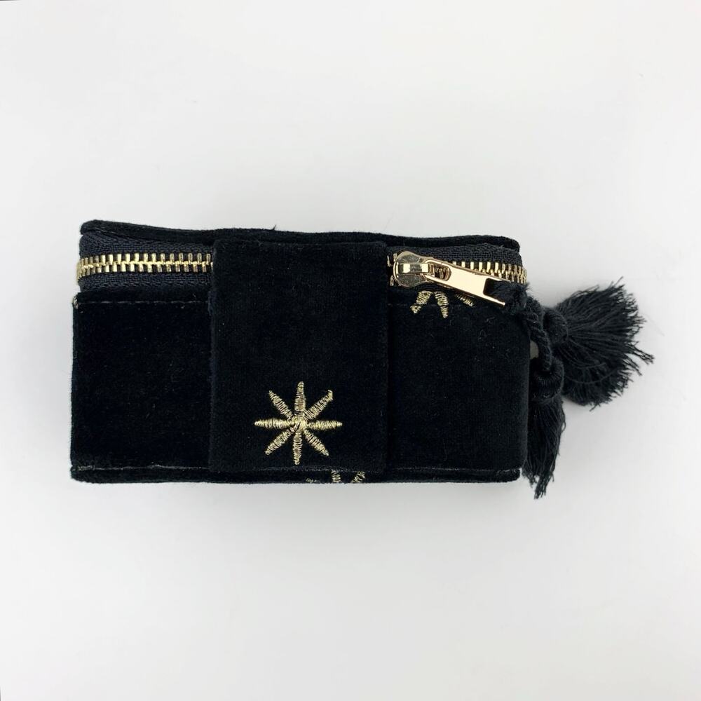 Sezane Jewelry Box Case Black Velvet Gold Daisy Stars Tassels Small Zip Around - Picture 5 of 9